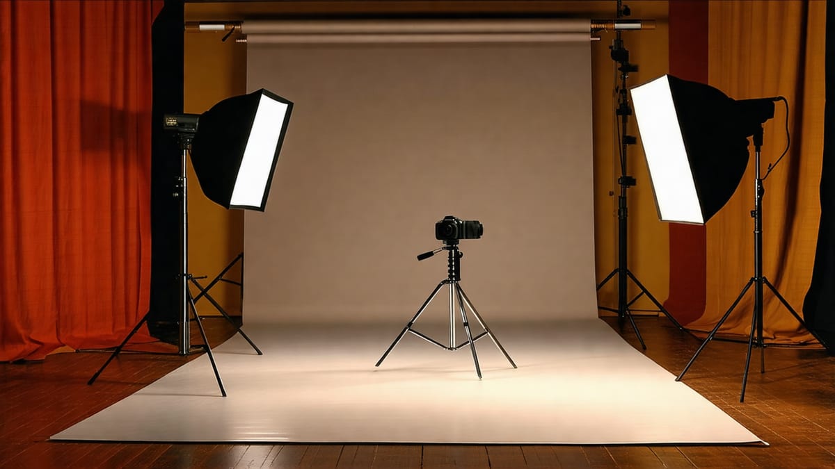 A professional photography studio set with softbox lighting